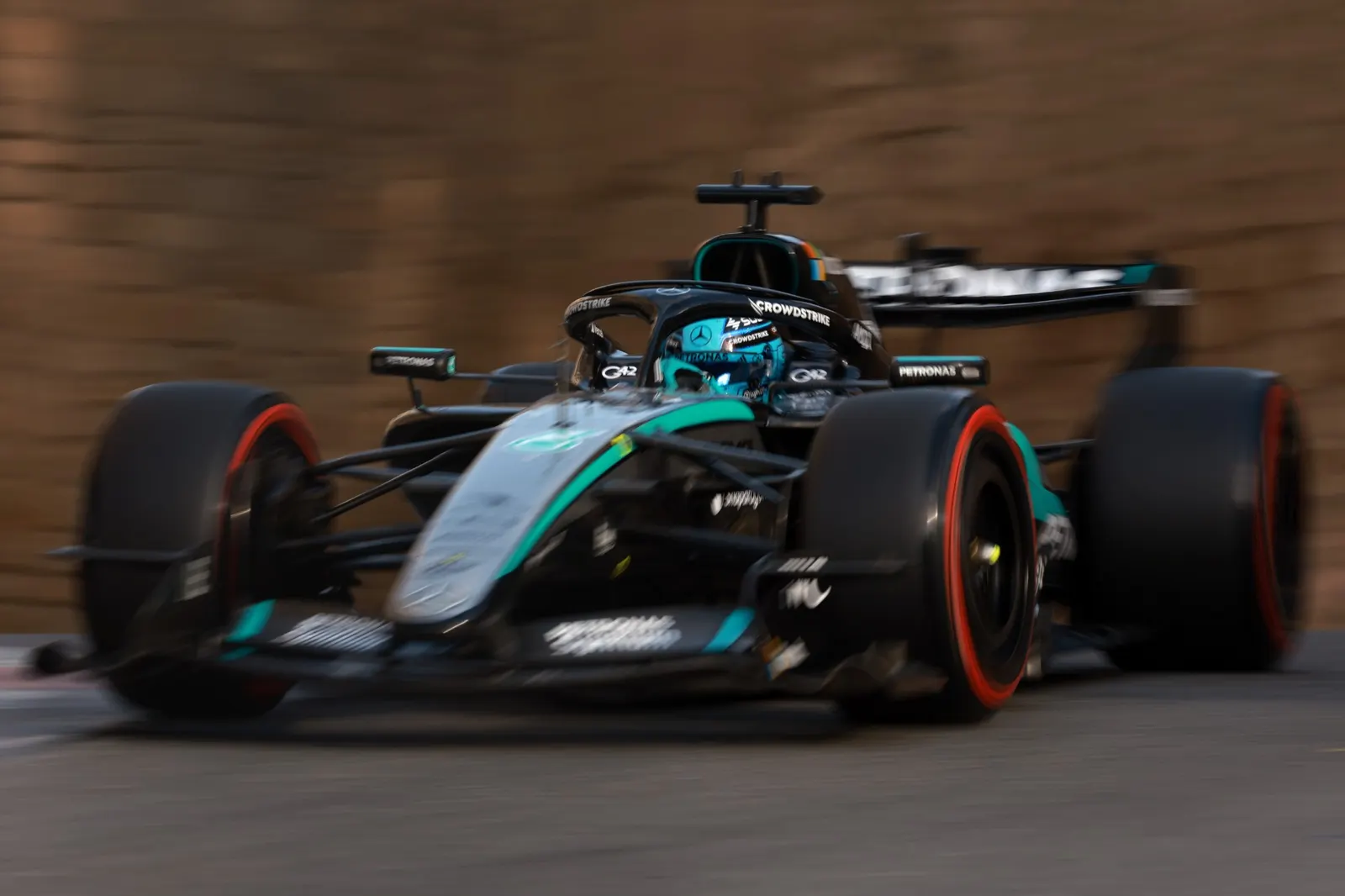George Russell's Mercedes at speed on the Baku street circuit